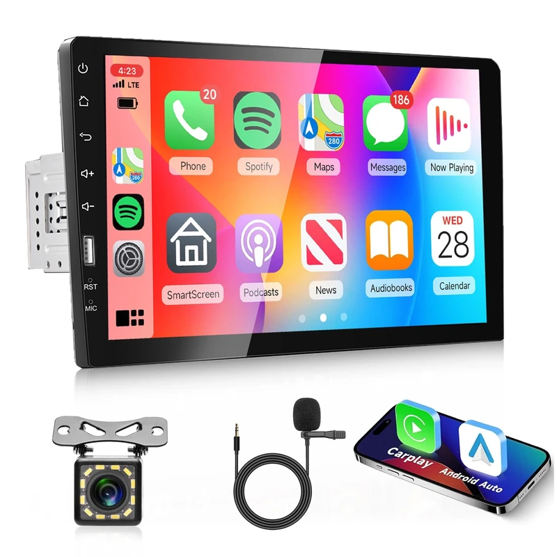 Rimoody Carplay Single Din Car Stereo Android Auto, 1 Din 9 Inch Touchscreen Car Radio with Bluetooth FM AM Radio iOS/Android Mirror Link TF/USB/AUX Input Car Multimedia Player + Backup Camera