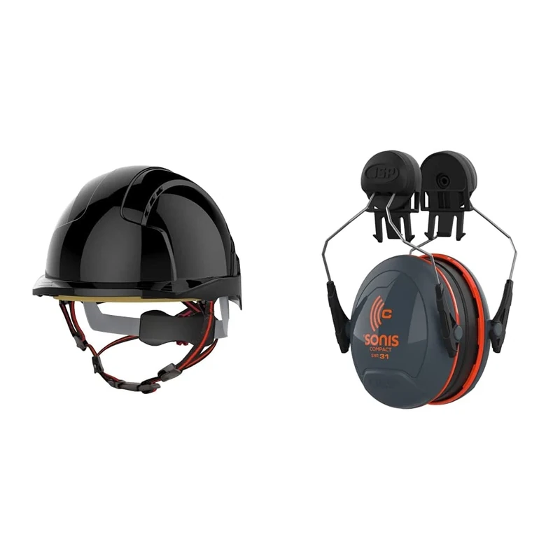 EVOLite Skyworker Industrial Working At Height Helmet - Black & Sonis Compact Helmet Mounted Ear Defenders - SNR 31 -