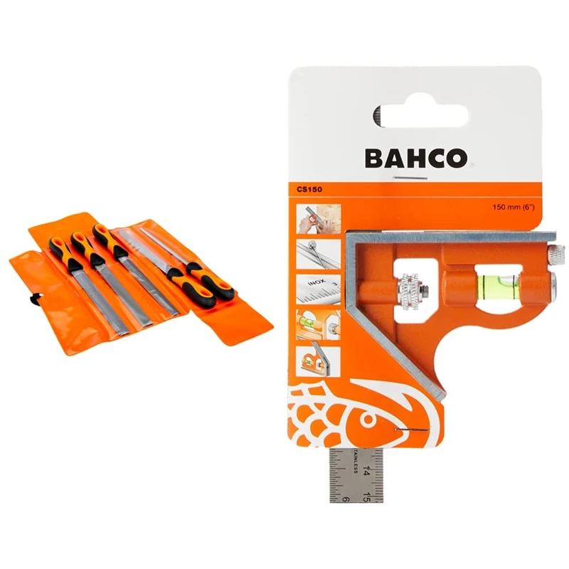 Bahco 1-477-08-2-2 Engineers File Set, 200mm Length, 5 Pieces & CS150 150mm Combination Square, Orange