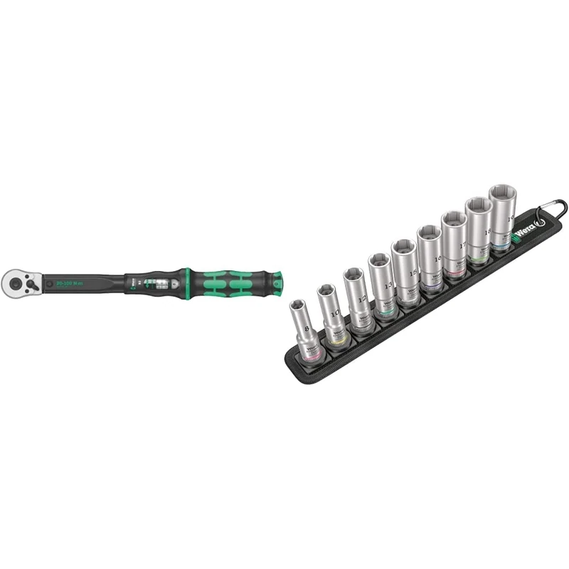 Wera Click Torque B 2 Adjustable Torque Wrench, 3/8" Square Drive, 20-100 Nm, 05075611001 & Belt B Deep 1 Socket Set of 9 Metric 3/8in Drive