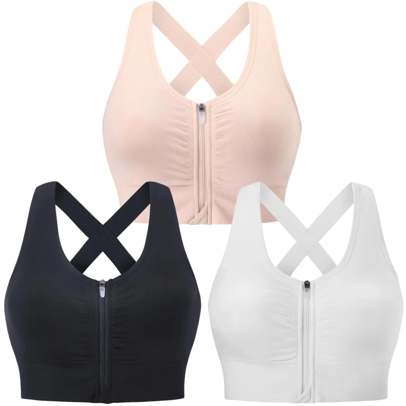 Evercute Zip Front Post-Surgery Bra Women's Wireless Sports Bras Padded Strappy Medium Support Yoga Exercise Athletic Bras, Black White Flesh 3 Pack, L