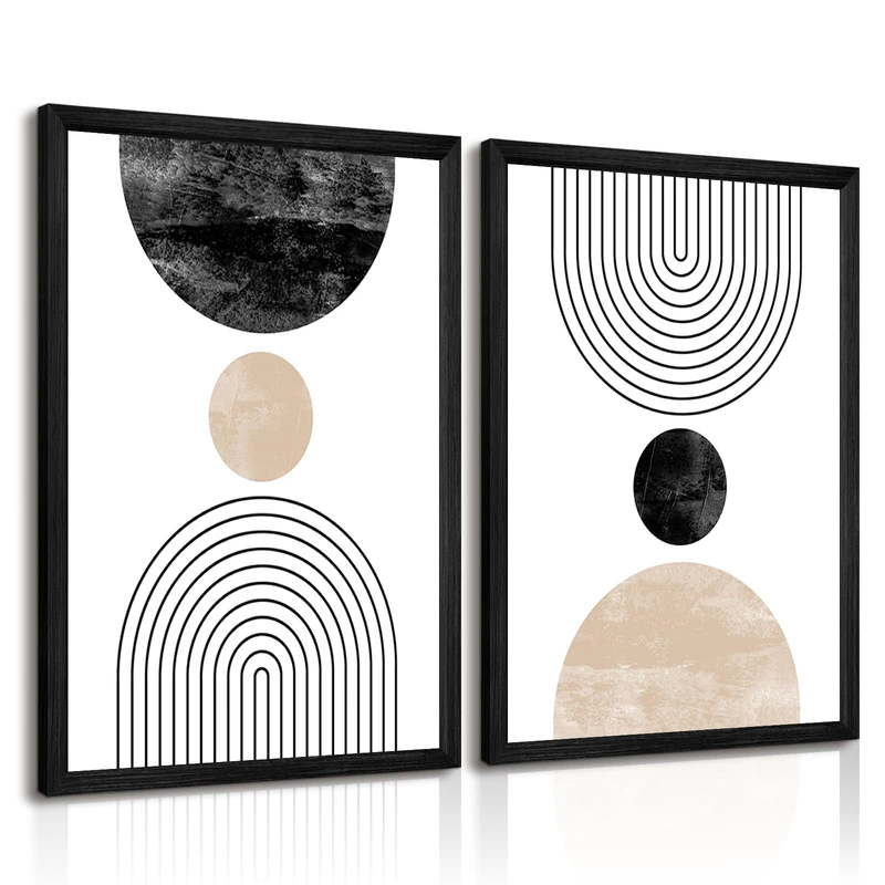 Mid Century Modern Wall Art Prints Set of 2 Neutral Abstract Geometric Wall Art Boho Canvas Prints Mid Century Eoind Wall Decor Modern Abstract Pictures Artwork for Home Room 16x24 Inch Black Framed