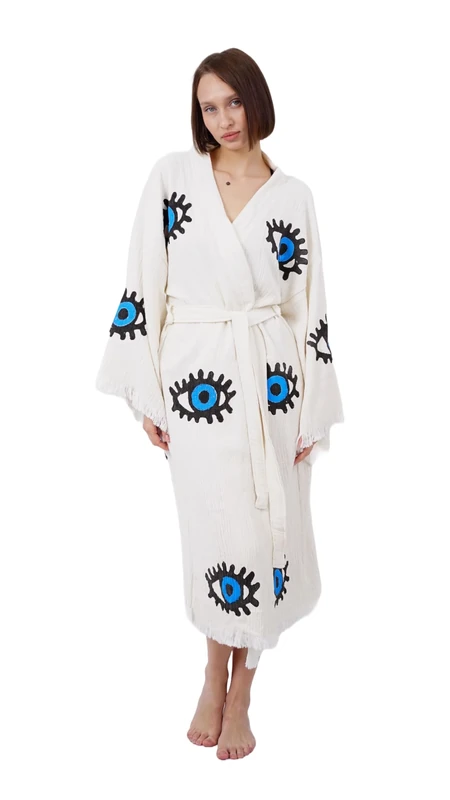 Bodho Handmade Evil Eye Boho Festival Kimono Blue Beachwear Cover Up Robe, Beige, One size