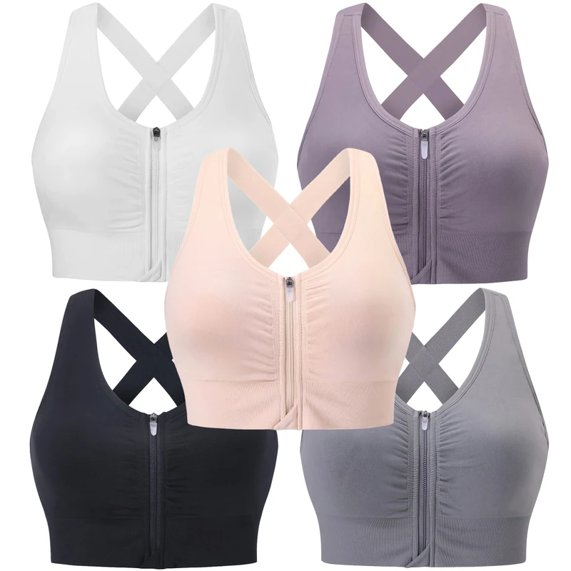 Evercute Zip Front Post-Surgery Bra Women's Wireless Sports Bras Padded Strappy Medium Support Yoga Exercise Athletic Bras, ①Black White Gray Purple Flesh 5 Pack, L - Image 1