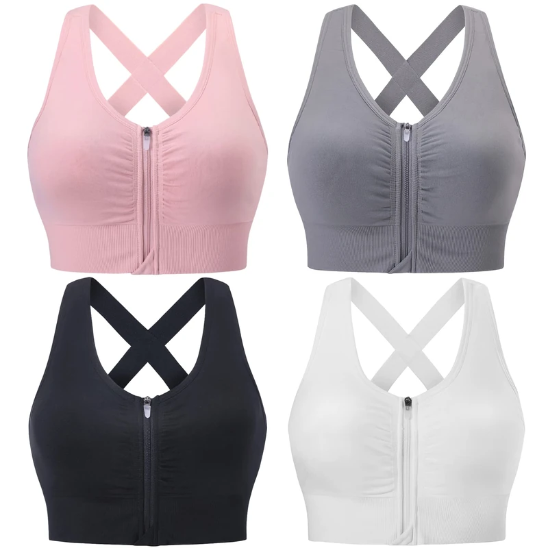 Evercute Zip Front Post-Surgery Bra Women's Wireless Sports Bras Padded Strappy Medium Support Yoga Exercise Athletic Bras, Black White Gray Pink 4 Pack, M