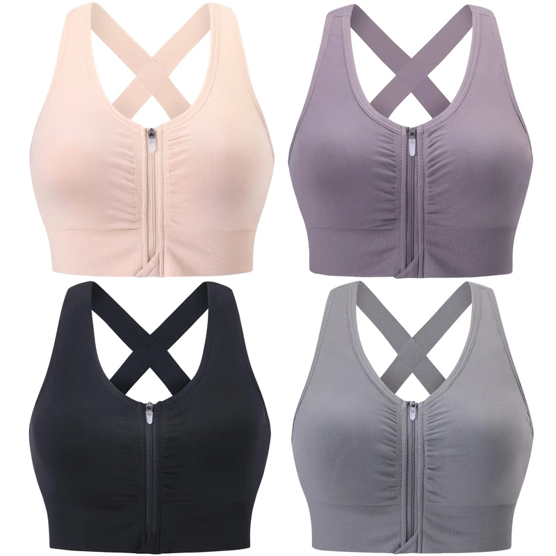 Evercute Zip Front Post-Surgery Bra Women's Wireless Sports Bras Padded Strappy Medium Support Yoga Exercise Athletic Bras, Black Gray Flesh Purple 4 Pack, L - Image 1