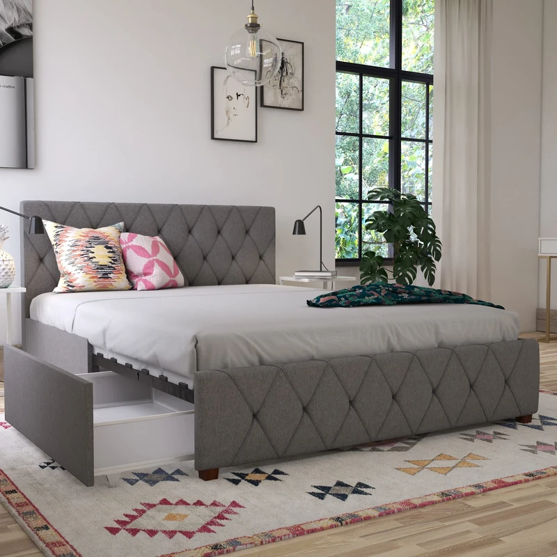 DHP Furniture Elizabeth Bed, Linen Grey Double