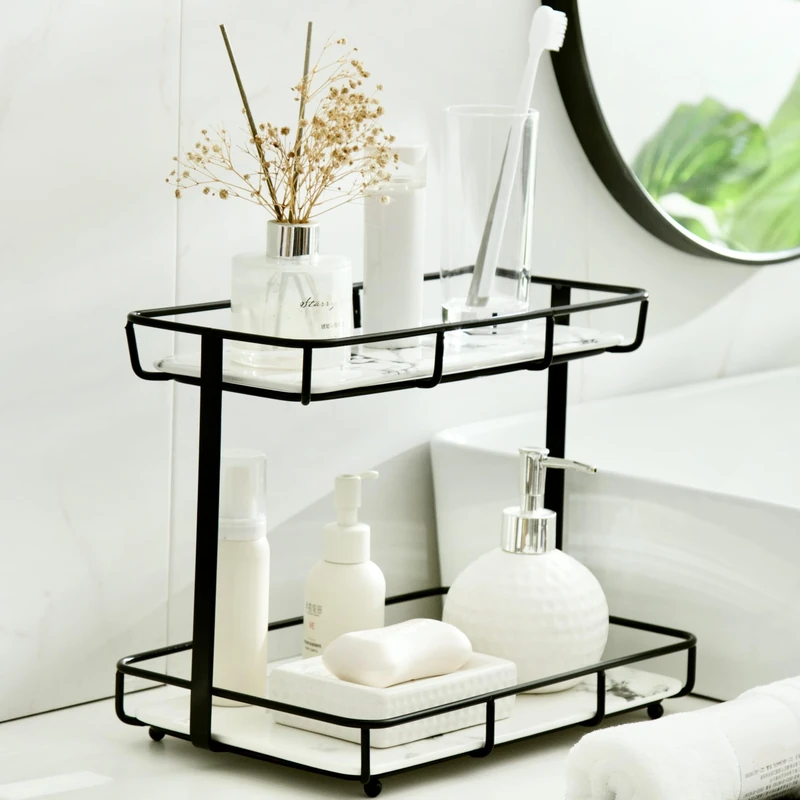 Bathroom Organizer Countertop Perfume Organizer Makeup Organizer Cosmetics Storage Display Rack Vanity Tray Dresser Stainless Steel Gold Shelf White Marble Ceramic Tray (2 Tier L-Black)