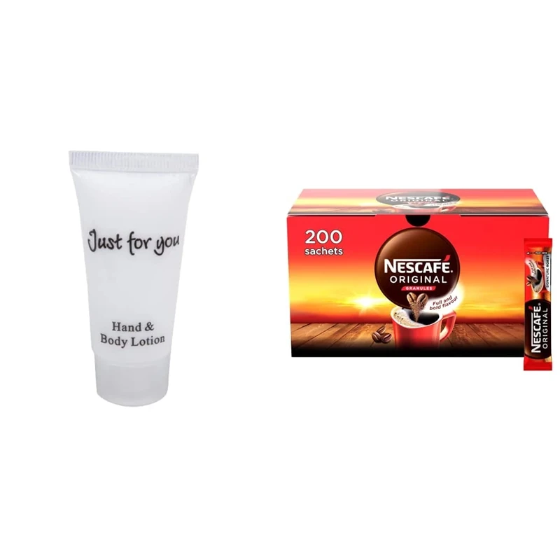Just for You Hand and Body Lotion Capacity: 20ml. Pack of 100 & NESCAFE Original Instant Coffee Sachets - 200 x 1.8g Sticks - Image 1