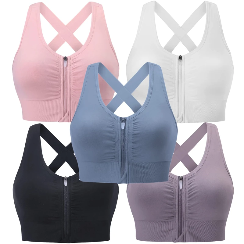 Evercute Zip Front Post-Surgery Bra Women's Wireless Sports Bras Padded Strappy Medium Support Yoga Exercise Athletic Bras, ①Black White Dusty Blue Purple Pink 5 Pack, L