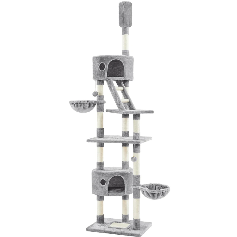 Yaheetech Floor to Ceiling Cat Tree, 228-255cm Height Adjustable Tall Tower for Indoor Cats, Scratching Post with Condos Baskets and Ladder Light Grey