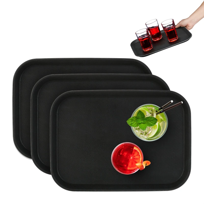 Relaxdays 3X Serving Trays, Rectangular, Drinks, Non-Slip Rubber Surface, Waiter's Catering, HxWxD: 2x35x25 cm, Black