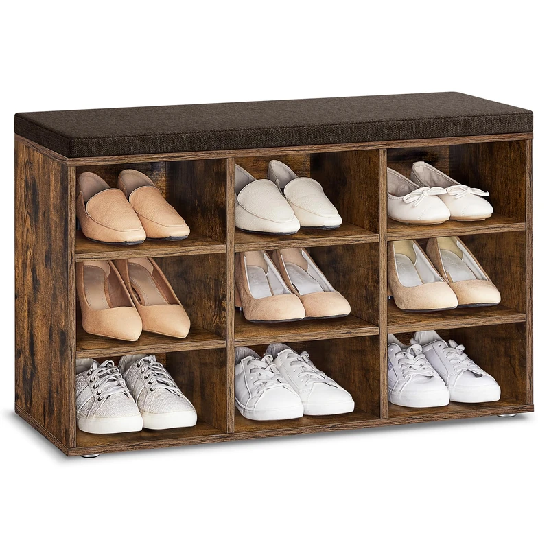 VASAGLE Shoe Bench, Storage Bench with Padded Seat, with Cushion, 9 Compartments, Adjustable Shelves, for Living Room, Hallway, 30.3 x 78.5 x 48 cm, Rustic Brown LHS009B01