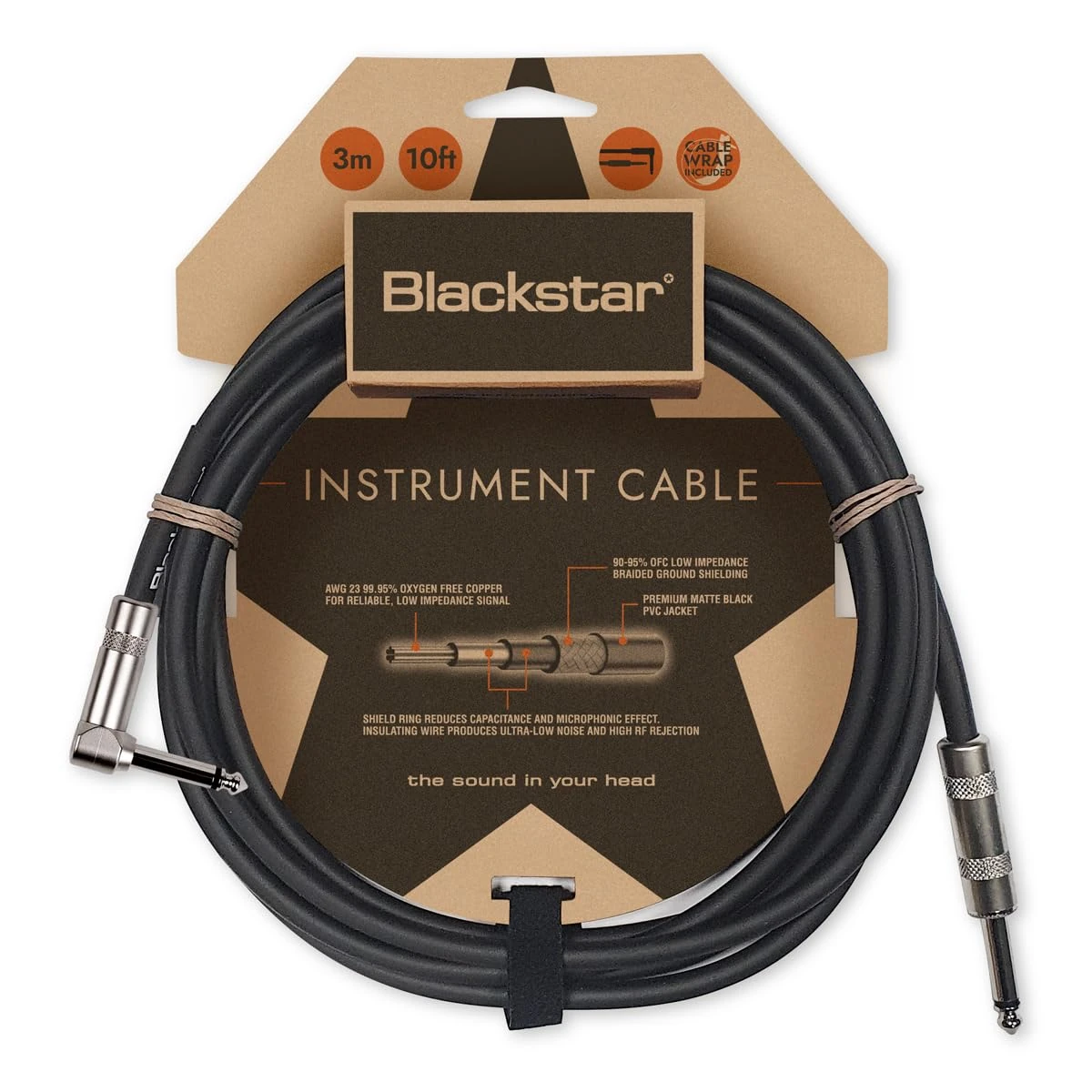 Blackstar 3m (10ft) Instrument Cable Straight ¼” Jack to Angle ¼” Jack for Bass/Electric Guitar/Electro-Acoustic/Keyboard/Amp