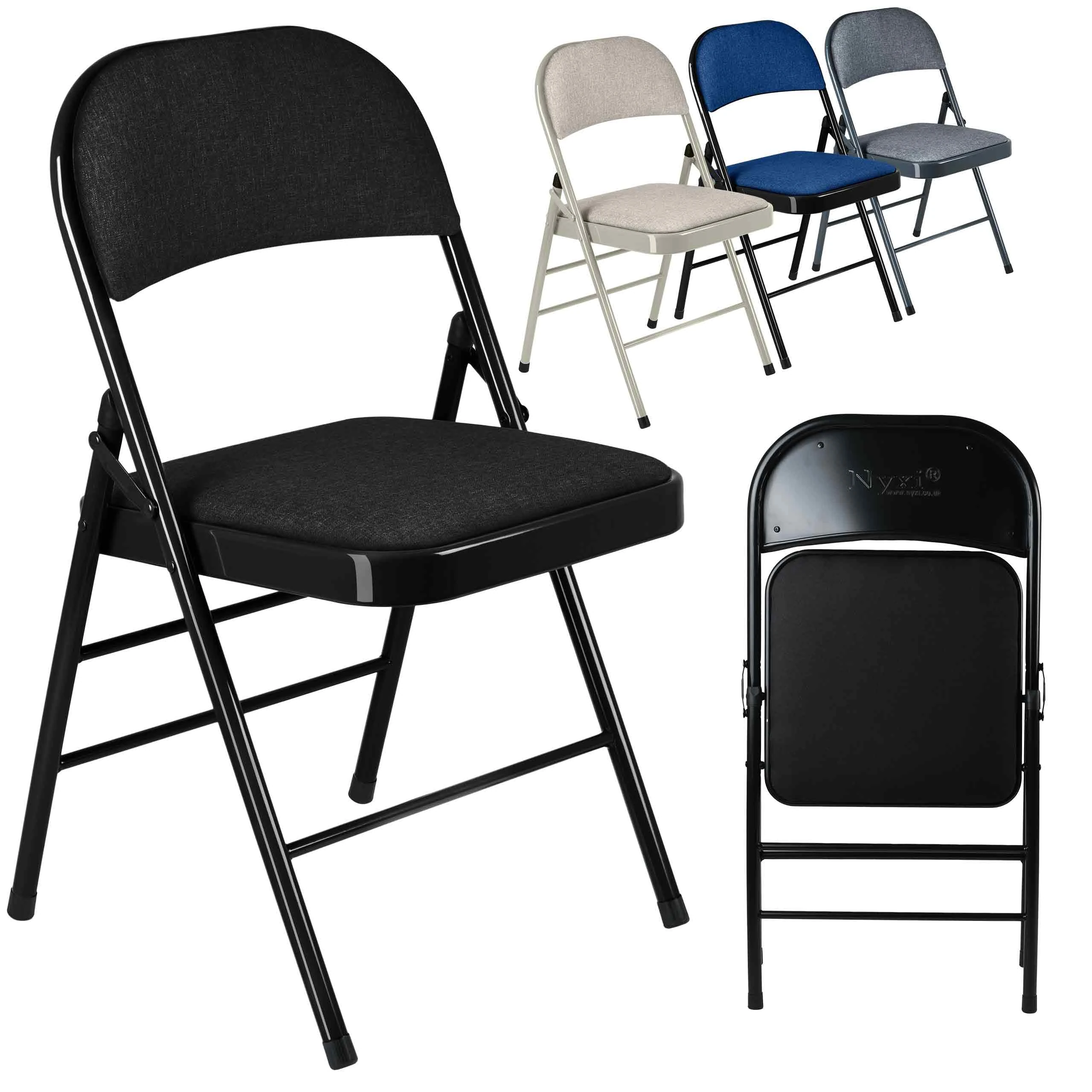 Nyxi Folding Chairs with Padded Fabric Seats, Metal Frame, Foldable Chair Home Office Dinning, Multi-Purpose Indoor & Outdoor (Black, 1 X Chair)