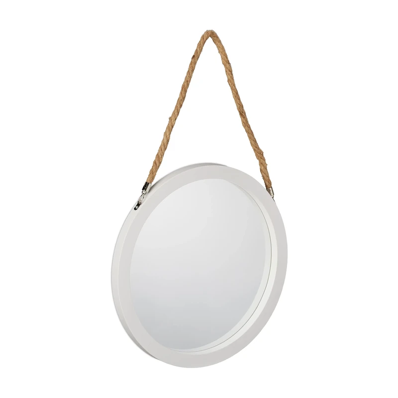Relaxdays Round Hanging Mirror, Suspension Rope, Plastic Frame, Hallway, Bathroom & Guest WC, ∅: 35 cm, White/Natural