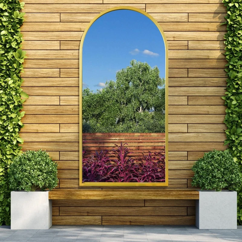 MirrorOutlet The Arcus - Gold Metal Framed Modern Arched Garden GMA047, Gold, 140 x 70