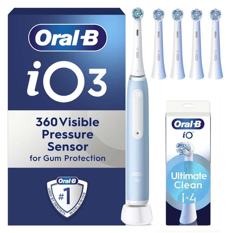 Oral-B iO3 Electric Toothbrushes Adults, Mothers Day Gifts For Her or Him, 5 Toothbrush Heads, 3 Modes With Teeth Whitening, 2 Pin Plug, Blue