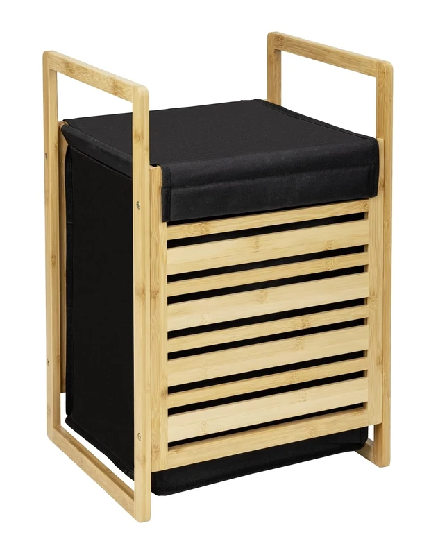 WENKO Ecori Laundry Basket, Laundry Hamper, 47 Litres, FSC® Certified Bamboo, Removable Recycled Polyester, 40 x 60 x 35 cm, Natural/Black