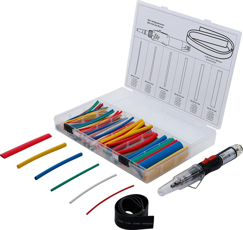 BGS 70143 | Mini Hot Gas Burner with Shrink Tube Assortment | coloured | with piezo ignition | 162 pcs.