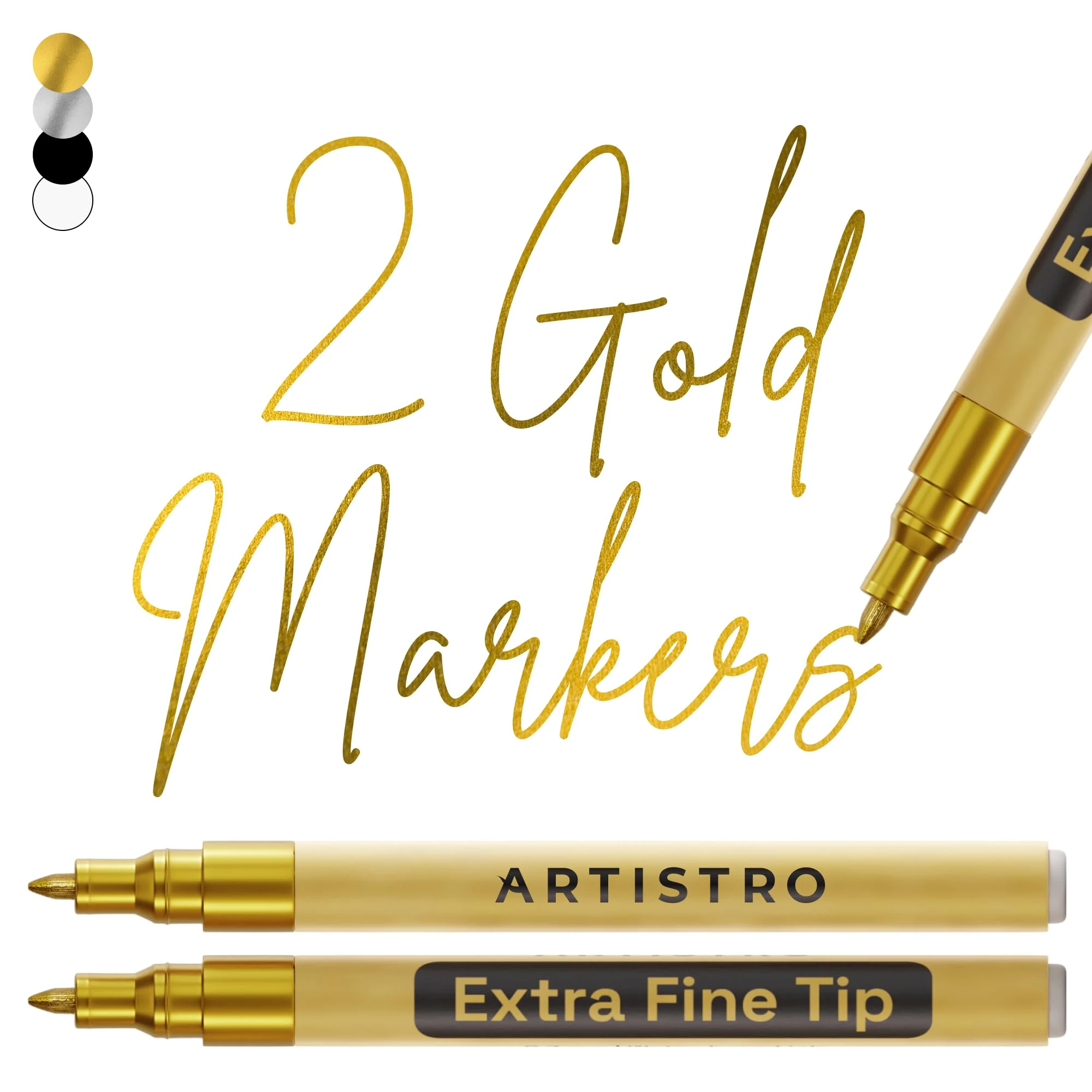 ARTISTRO 2 Metallic, Gold Acrylic Paint Pens for Rock Ceramic Wood Glass Metal Fabric Plastic - 0.7mm Metallic Paint Markers Ideal for Scrapbooking DIY Crafts Art Projects