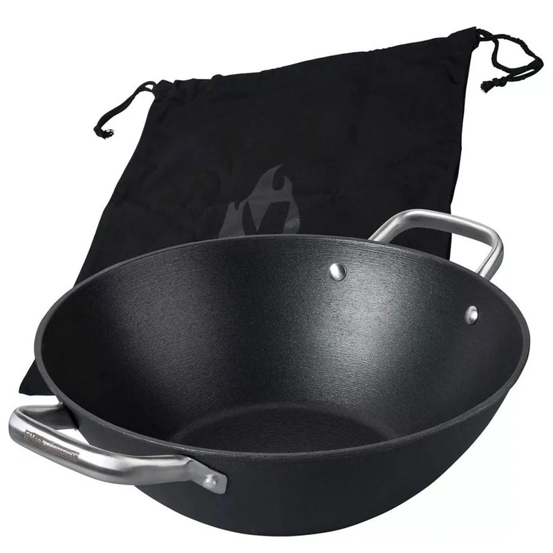 FMProfessional Force Cast Iron Wok 32 cm - Wok Pan with High-Quality Non-Stick Coating - Suitable for All Hobs Including Induction - Approx. 33 x 42.8 x 12 cm