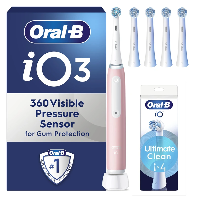 Oral-B iO3 Electric Toothbrushes Adults, 5 Toothbrush Heads, 3 Modes With Teeth Whitening, 2 Pin Plug, Pink