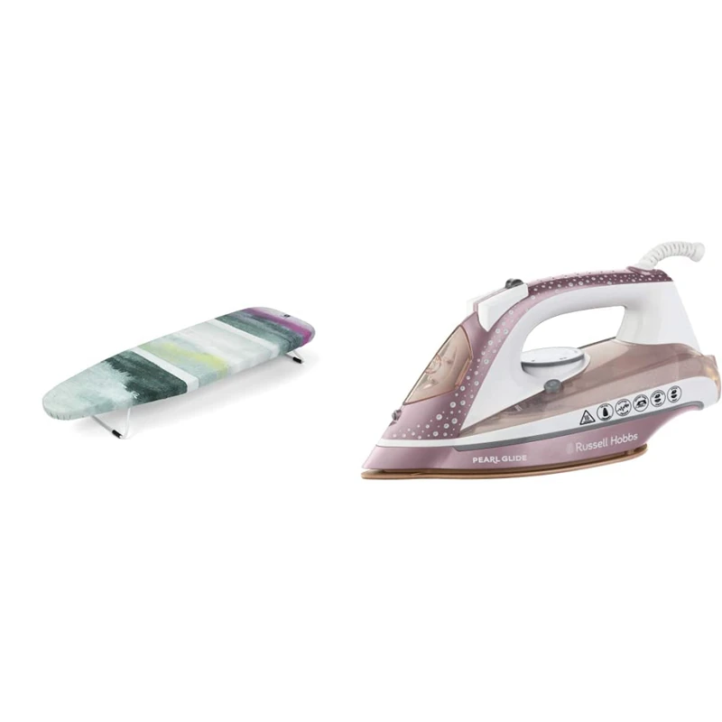 Brabantia Table Top Ironing Board Size S (95 x 30cm) Compact Flat-Folding Steam Iron Table & Russell Hobbs Pearl Glide Steam Iron with Pearl Infused Ceramic Soleplate, 315 ml Water Tank