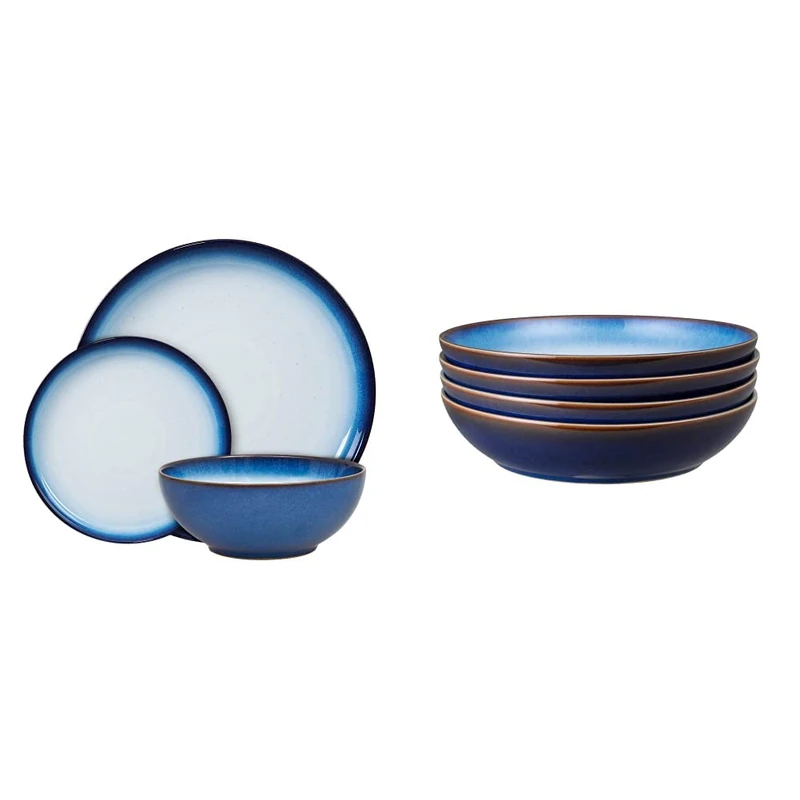 Denby Blue Haze 12 Piece Coupe Tableware Set & 421048944 Blue Haze 4 Piece Pasta Bowl Set