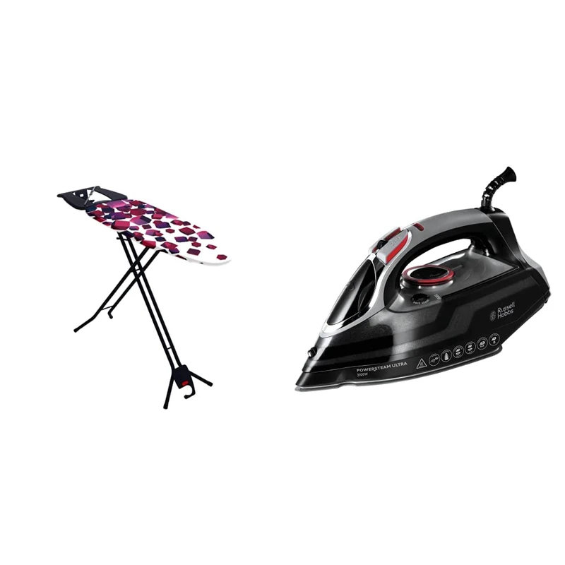 Mabel Home Space Saving Ironing Board, Easy Storage, Adjustable Height + Extra Cover, Black, One Size & Russell Hobbs Powersteam Ultra 3100 W Vertical Steam Iron 20630 - Black and Grey