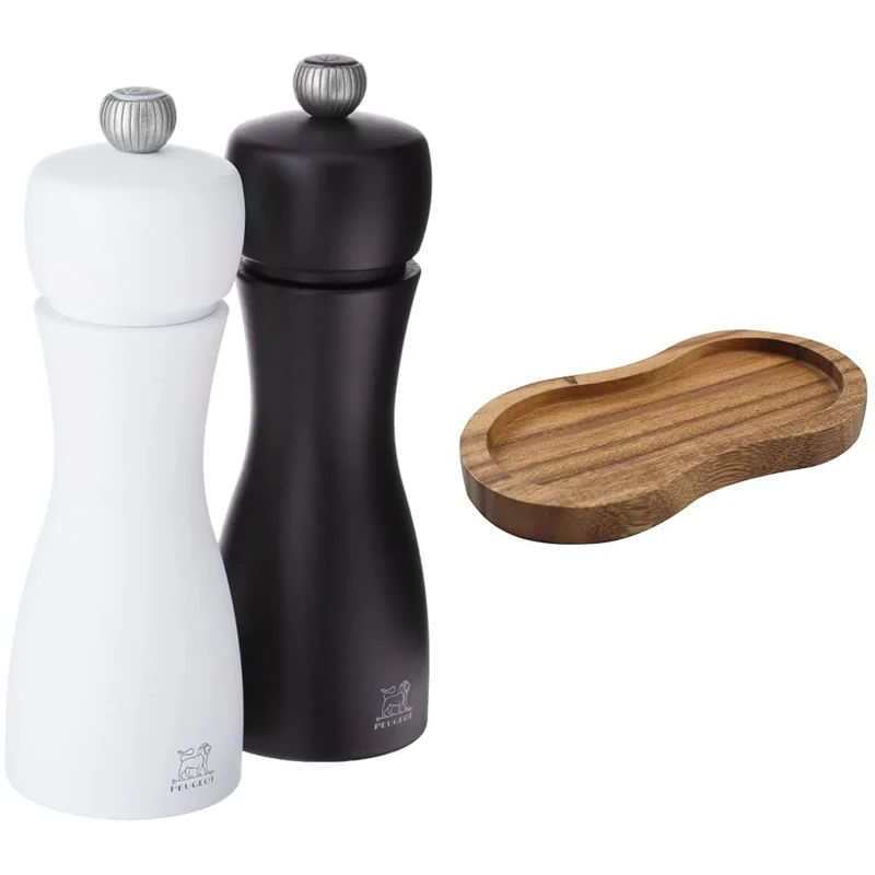 Peugeot - Tahiti Salt & Pepper Mill Set - Beechwood - Black Pepper & White Salt Mill Set, 15 cm & T&G 10469 Tuscany Acacia Double Mill Rest/Work Surface and Dining Table Protector