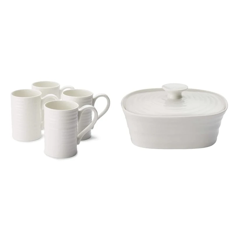 Portmeirion Sophie Conran Tall Mug, Porcelain, White, 11.5 x 7.3 x 11 cm, Set of 4 & Home & Gifts Covered Butter Dish, Porcelain, White, 12 x 15.5 x 6 cm