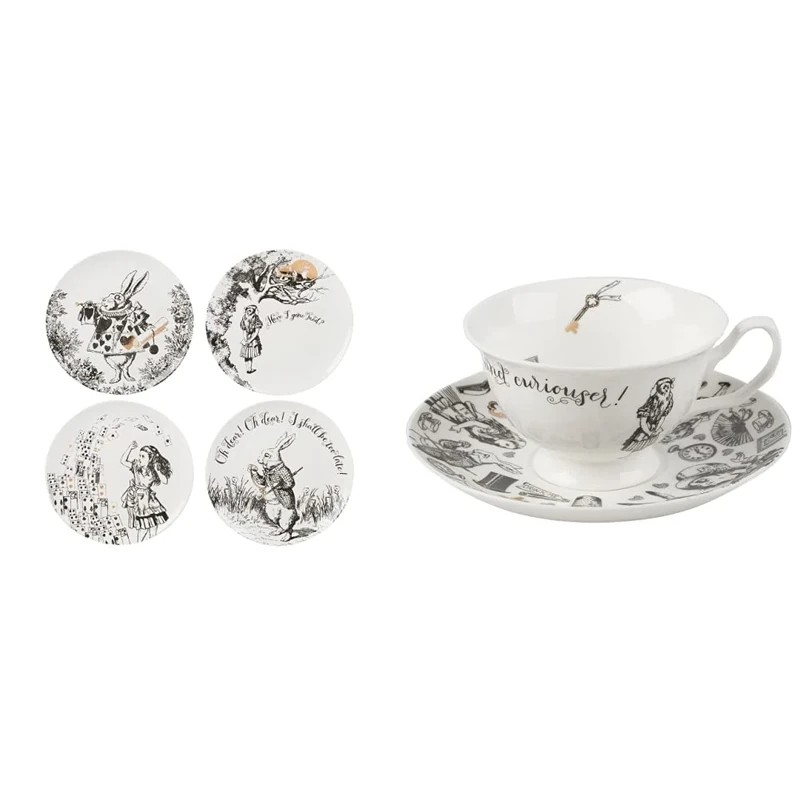 V&A Alice in Wonderland Side Plates, for Dinner, Afternoon Tea or Breakfast, Fine China, 20.5 cm (8"), Set of 4 & V&A Alice in Wonderland Tea Cup and Saucer, 210 ml (7 fl oz), White