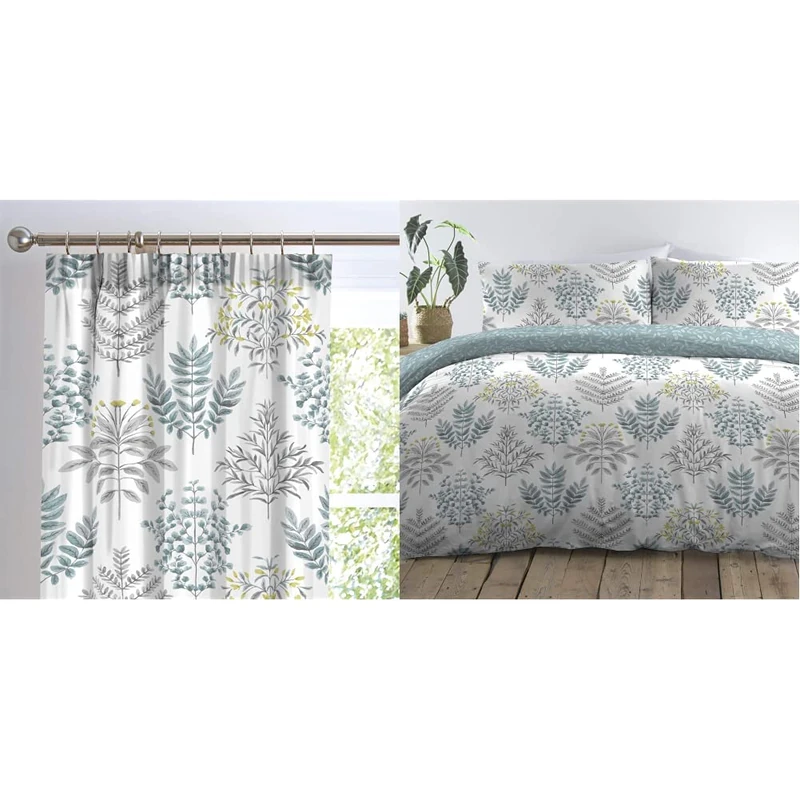 Dreams & Drapes - Emily - Pair of Pencil Pleat Curtains - 66" Width x 72" Drop (168 x 183cm) in Duck Egg & Emily - Easy Care Duvet Cover Set - 3pcs, Double Bed Size in Duck Egg - Image 1