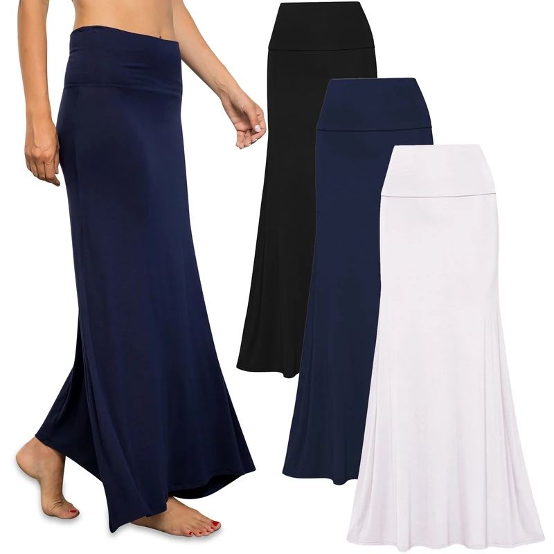Free to Live 3 Pack Long Skirts for Women Fall Winter Flowy Maxi Skirt High Waist Fold Over Floor Ankle Length Jersey Knit, Black, Navy, White, L