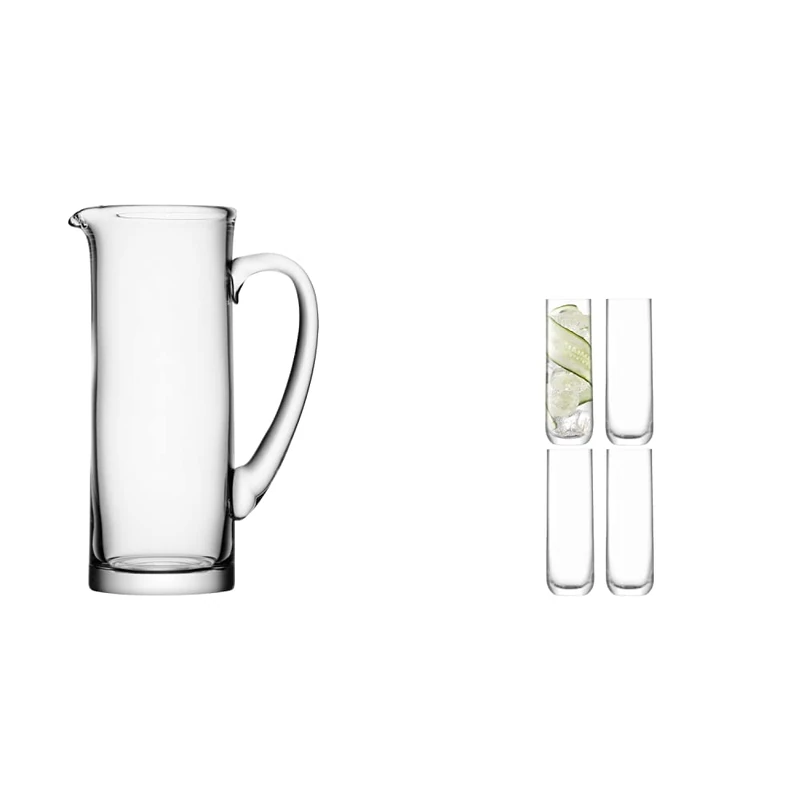 LSA International Basis Jug 1.5 Litre Clear| 1 Unit | Mouthblown and Handmade Glass | BS03 & Borough Highball 420 ml Clear | Set of 4 | Dishwasher Safe | BG04