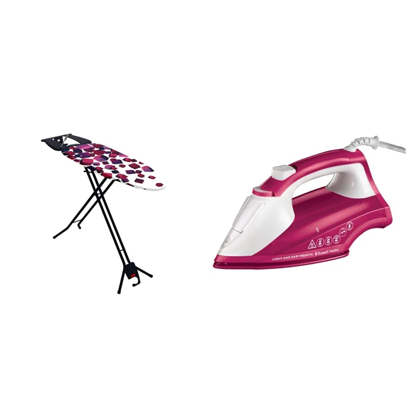 Mabel Home Space Saving Ironing Board, Easy Storage, Adjustable Height + Extra Cover, Black & Russell Hobbs 26480 Light and Easy Brights Steam Iron - Colourful Design