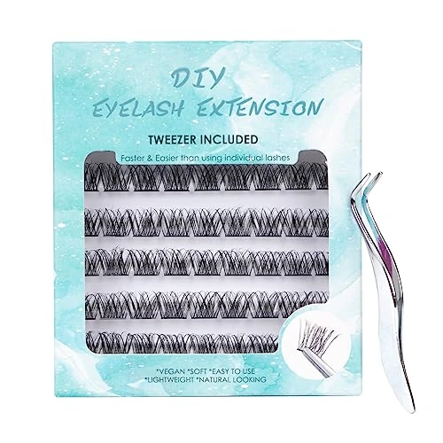SISILILY Individual Lashes 6 Rows Cluster Lashes C Curl DIY Single Size Eyelash Extension Kit at Home Reusable 3D False Eyelashes Natural with a Flat Tweezer 12mm Length (DM10-12mm)
