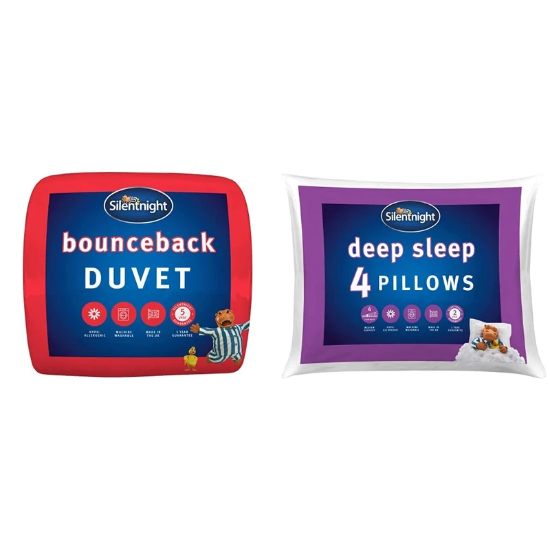 Silentnight Bounceback Duvet Winter Warm Quilt Machine Washable and Hypoallergenic & Deep Sleep Pillow Pack of 4 - Soft Hotel Bed Pillows 4 Pack - Machine Washable Hollowfibre Sleep Easy Pillows
