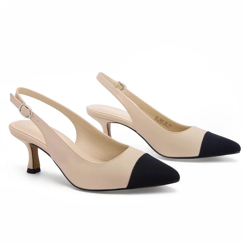 Ankis Slingback Heels for Women Closed Toe Women's Pumps Kitten Heel Wedding Party Casual Dress Shoes, Nude Black, 6 UK