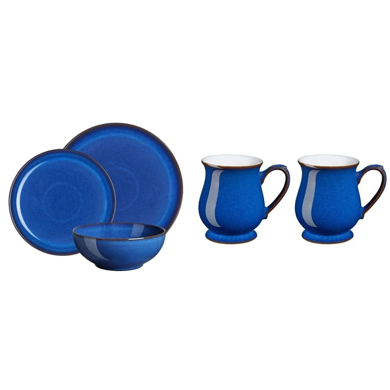 Denby 1042958 12-Piece Stoneware Imperial Breakfast Plate & Bowl Set, Blue & 1048819 Imperial Blue 2 Piece Craftsman Mug Set