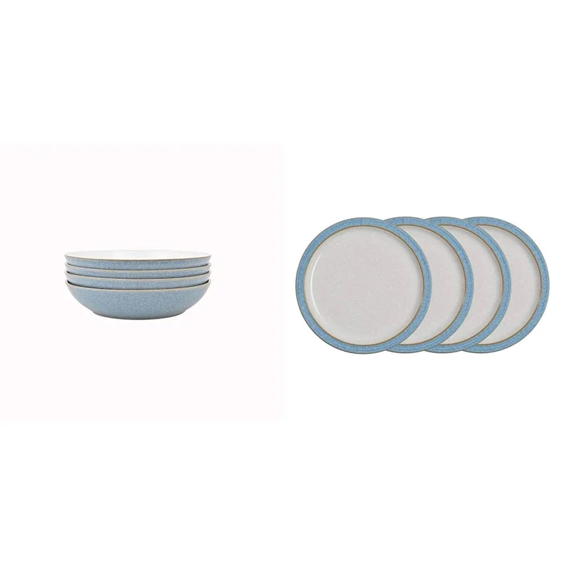 Denby Elements Blue Pasta Bowls Set of 4 & 381048904 Elements 4 Piece Medium Plate Set, Blue