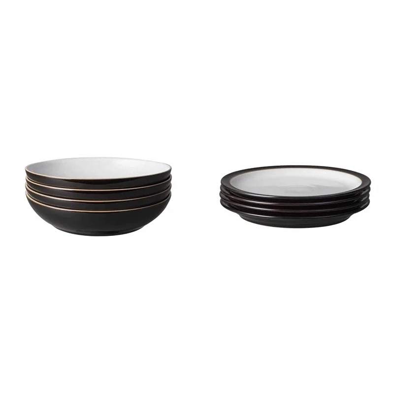 Denby 406048944 4 Piece Pasta Bowl Set, Black & 406048904 Elements 4 Piece Medium Plate Set, Black,22 * 22 * 2.5 Centimeters
