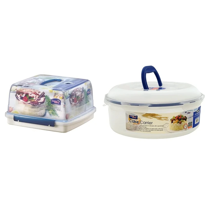 Lock & Lock HLS102 Square Cake Box-Clear/Blue, 12.6 L & HSM954HT Round Cake Box - Clear/Blue, 5.5 L
