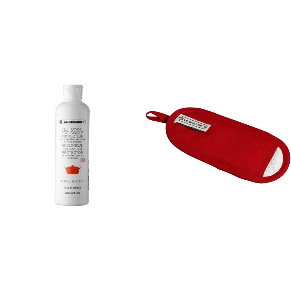 Le Creuset ecological cleaner and protector for enamelled cast iron cooking utensils, 250 ml, 71039 & 4-Layered Textile Handle Glove, Stain Resistant, Red, 95001400600000
