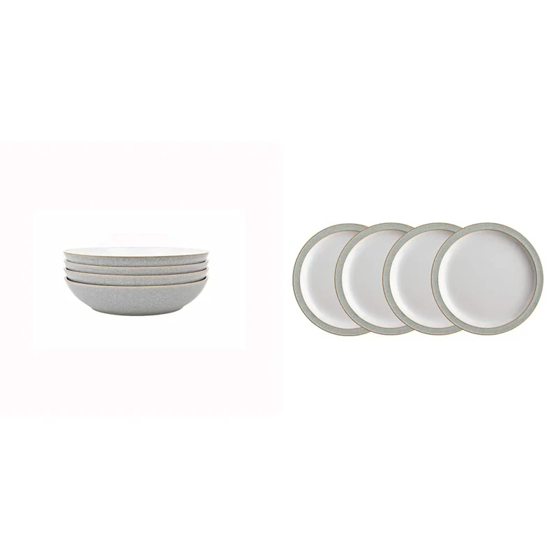 Denby 380048944 Elements 4 Piece Pasta Bowl Set, Grey & 380048903 Elements Light Grey 4 Piece Small Plate Set, 17.5 * 17.5 * 2 Centimeters