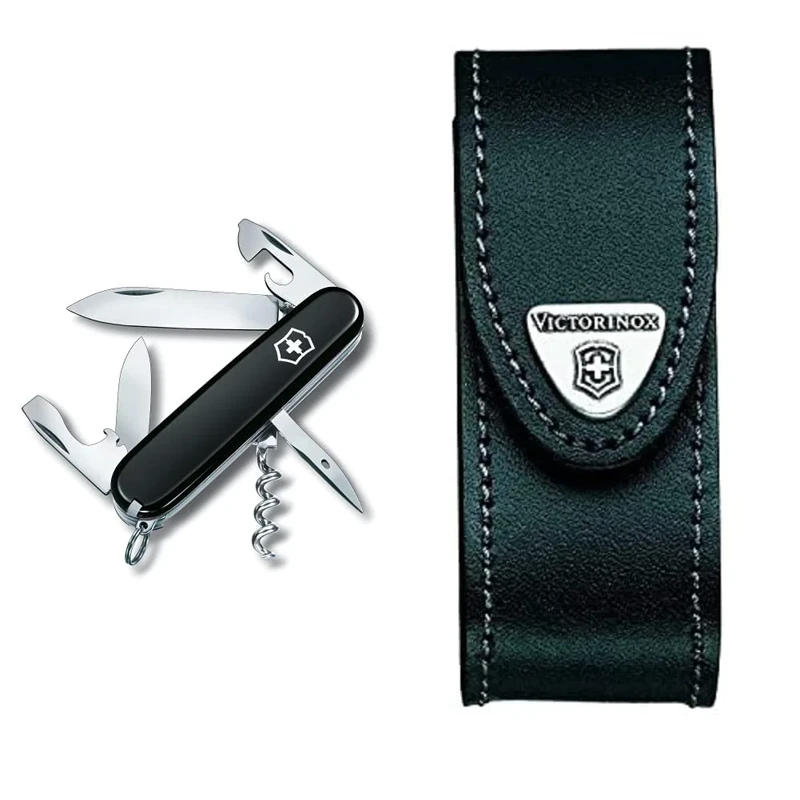 Victorinox Spartan Swiss Army Pocket Knife, Medium, Multi Tool, 12 Functions, Blade, Bottle Opener, Black & Leather Pouch for Swiss Army Pocket Knives, 3,5cm x 10cm, Black