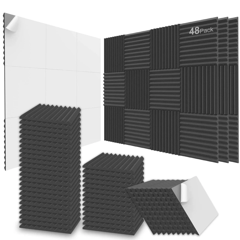 JBER 48 Pack Acoustic Foam Panels, 30×30×2.5 cm Self-Adhesive Sound Proofing Panels for Home Office Studios, BLACK