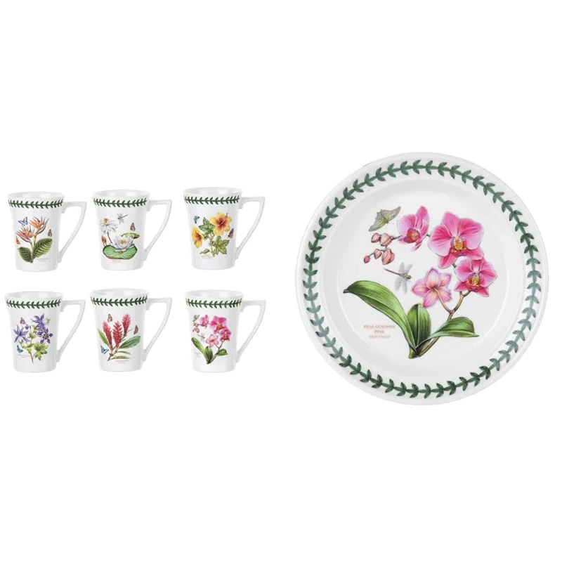 Portmeirion EG48811 Exotic Botanic Garden-10 oz. Mug-Set of 6, Ceramic, Assorted & 520240 Exotic Botanic Garden - 6" Bread and Butter Plates - Set o
