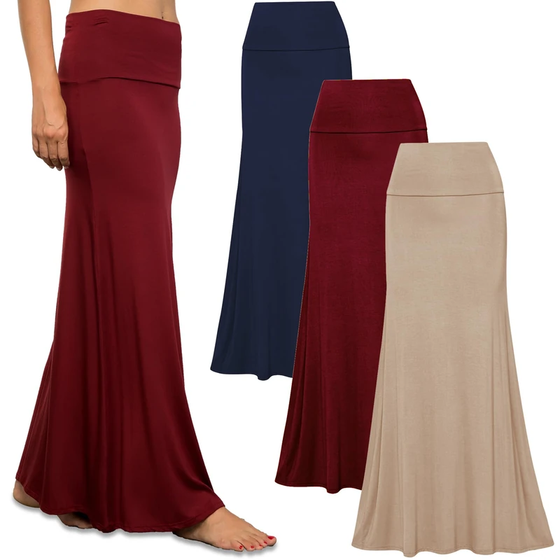 Free to Live 3 Pack Long Skirts for Women Fall Winter Flowy Maxi Skirt High Waist Fold Over Floor Ankle Length Jersey Knit, Navy, Mocha, Wine, XXL